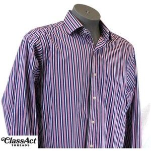 Polo Ralph Lauren Regent Classic Fit Dress Shirt Blue & Pink Striped Sz 17 XL